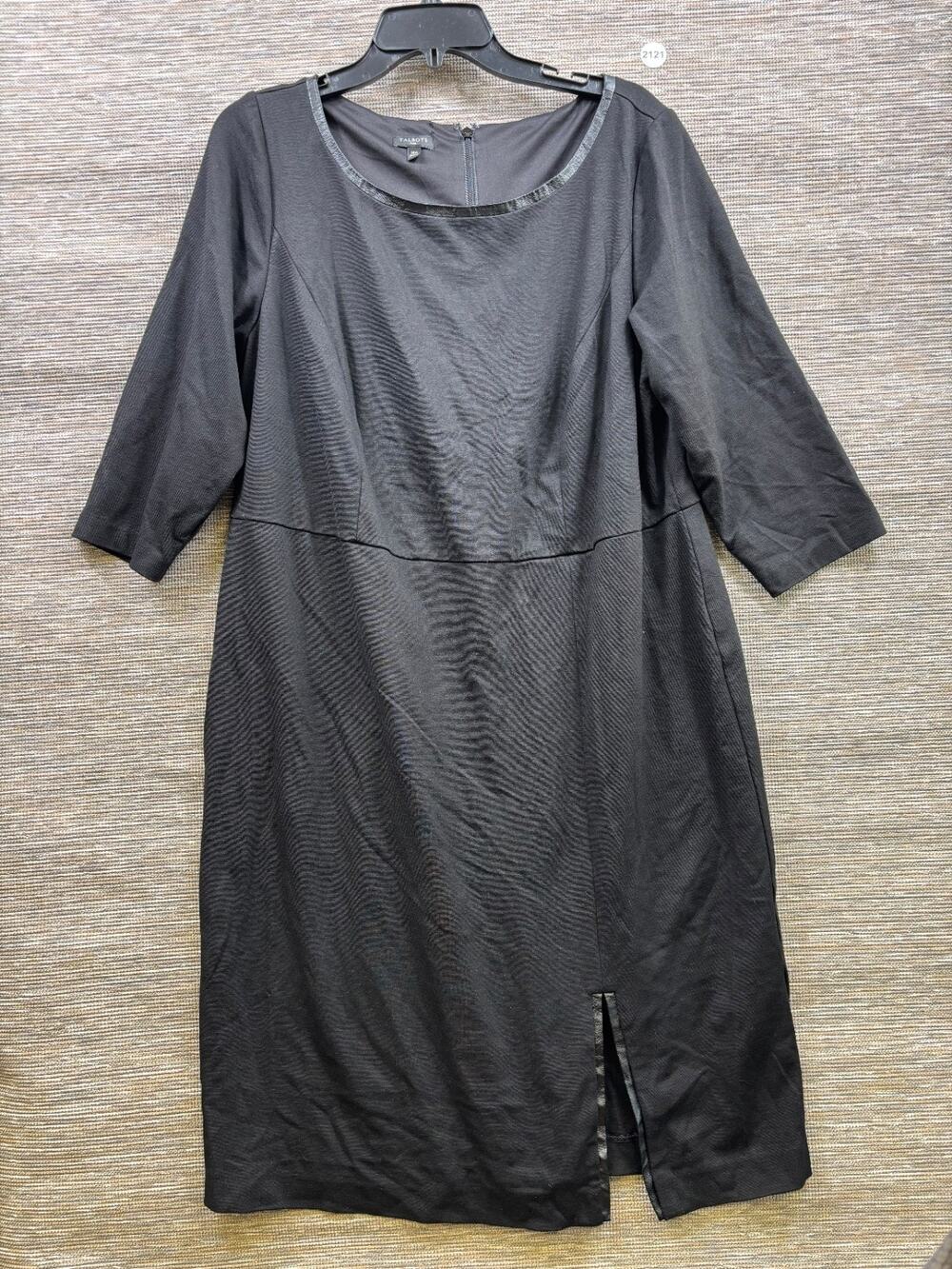 Talbots Black Stretch Sheath Dress Womens Size 14W Faux Leather Trim 3/4 Sleeve